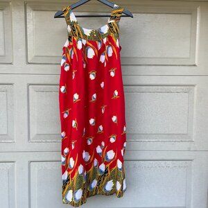 Vintage Island Basics Red Floral Muumuu Dress Hawaiian Cotton Midi - Fits Medium